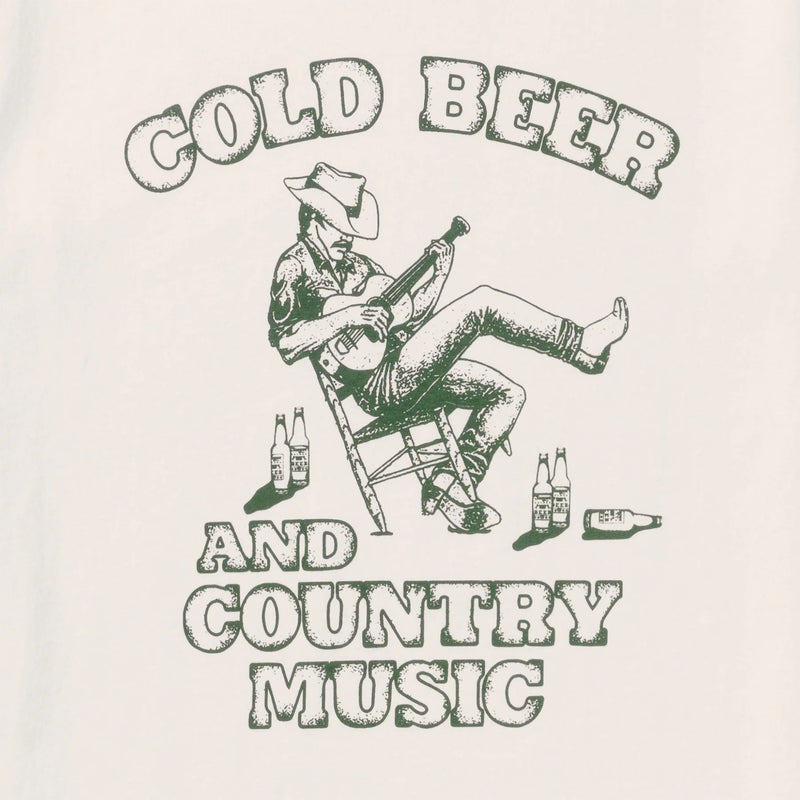 White short sleeve t-shirt with graphic of a cowboy leaning back in a chair playing the guitar with empty beer cans around him and script "Cold Beer And Country Music" on the front