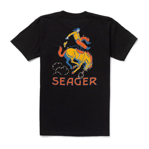 Black short sleeve tshirt with graphic of cowboy on a bucking bronc with "Seager" underneath in primary colors