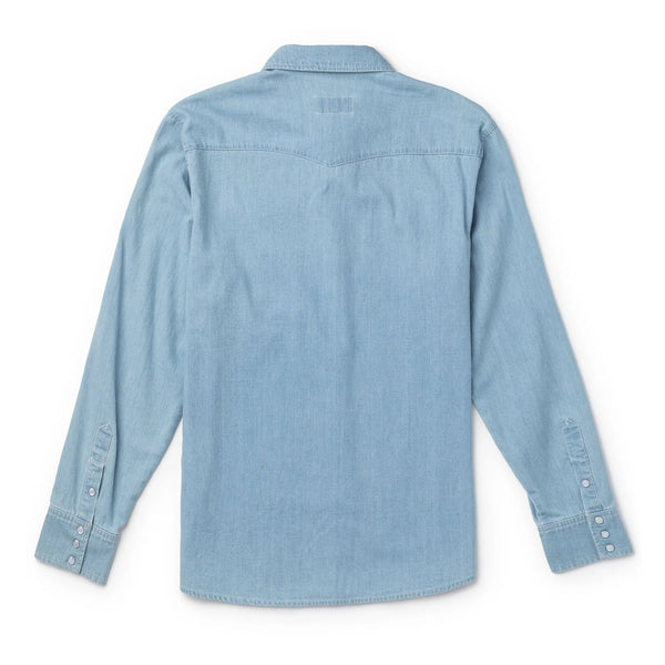 Long sleeve light wash indigo shirt with double breast pockets and pearl snaps