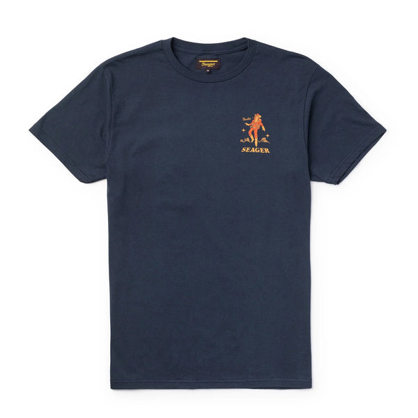 Short sleeve navy t-shirt with cowboy in a space suit with "Houstin... SEAGER" on the graphic