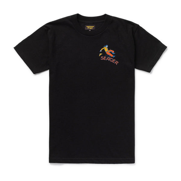 Black short sleeve tshirt with graphic of cowboy on a bucking bronc with "Seager" underneath in primary colors