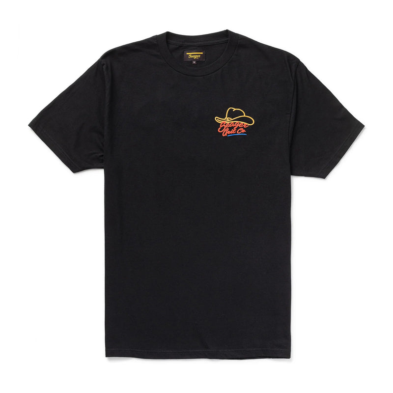 Black short sleeve t-shirt with graphic of a cowboy hat outline and "Seager Grit Co" in a primary colorway