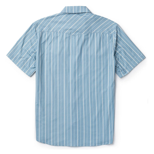 Men's short sleeve pearl snap shirt with white and blue vertical stripes and double breast pockets