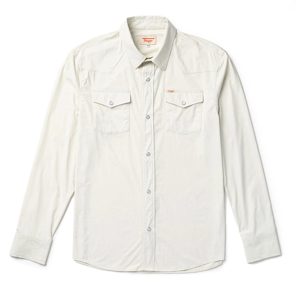Long sleeve cream color shirt with pearl snap closure and double breast pockets