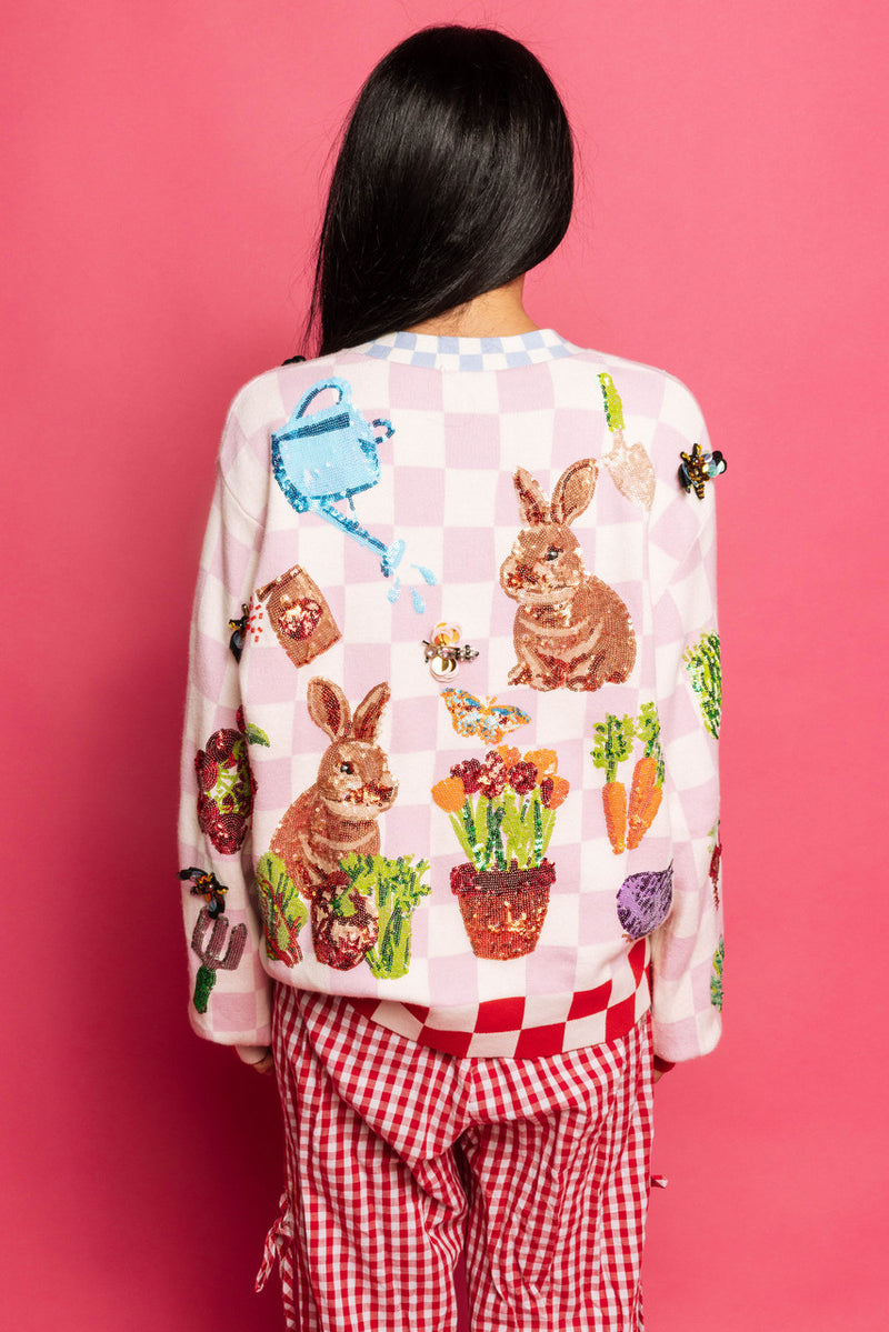 QUEEN OF SPARKLES PINK & WHITE CHECKERED BUNNY CARDIGAN