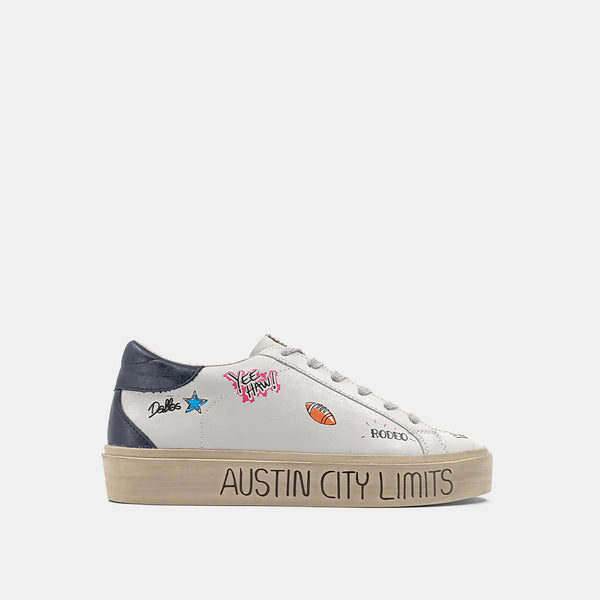 White sneaker with Texas symbols and sayings throughout 
