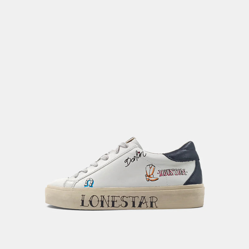 White sneaker with Texas symbols and sayings throughout