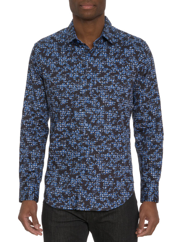 Black button down shirt with blue and white ornate design