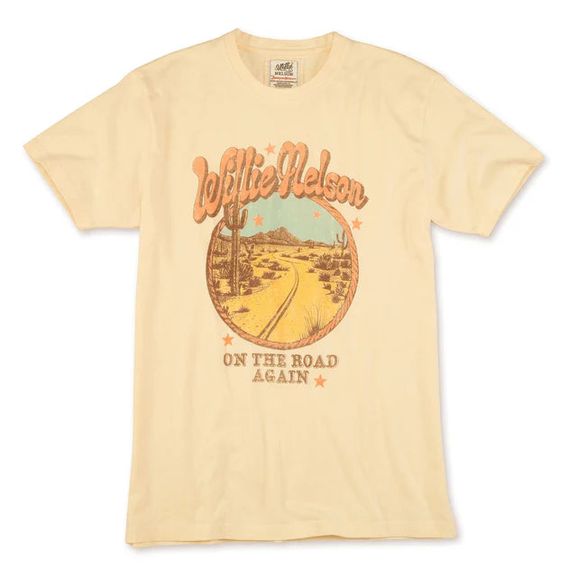 Beige t-shirt with 'Willie Nelson On The Road Again' graphic design on a white background