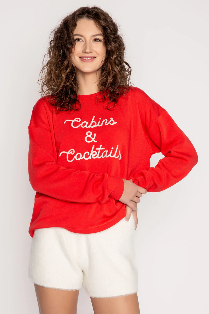 PJ SALVAGE MOUNTAIN MAMA LONG SLEEVE TOP  with Script embroidery in white over festive red of "Cabins and Cocktails"