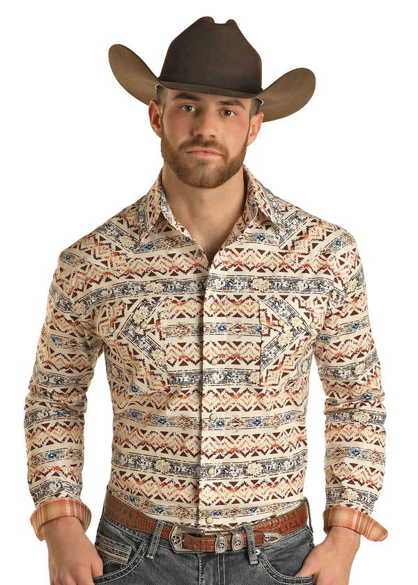 Man wearing cream button down shirt with rainbow Aztec and double button breast pockets