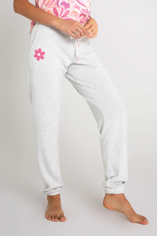 Grey sweatpants with embroidered flowers, pockets and drawstring