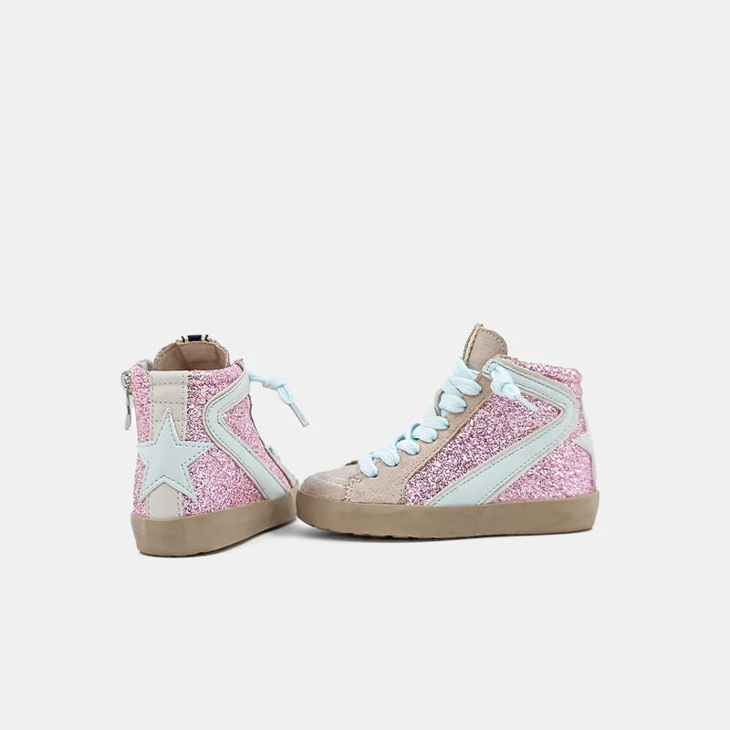 PINK GLITTERY HIGH TOP WITH BLUE STRIPE ON THE SIDE AND BLUE STAR ON BACK