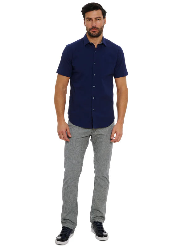 Man wearing navy button down shirt