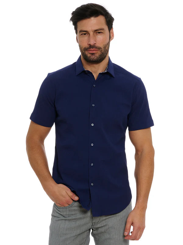 Man wearing navy button down shirt