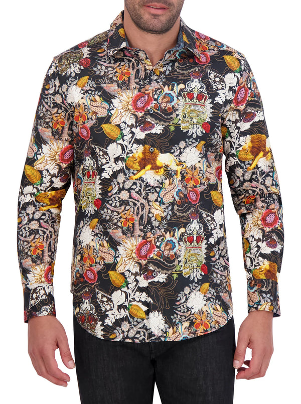 Man wearing long sleeve button down dress shirt with a variety of images throughout in multi color 