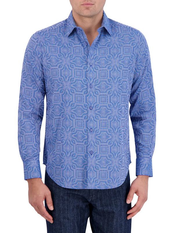 Man wearing long sleeve button up dress shirt with blue geometric pattern throughout 