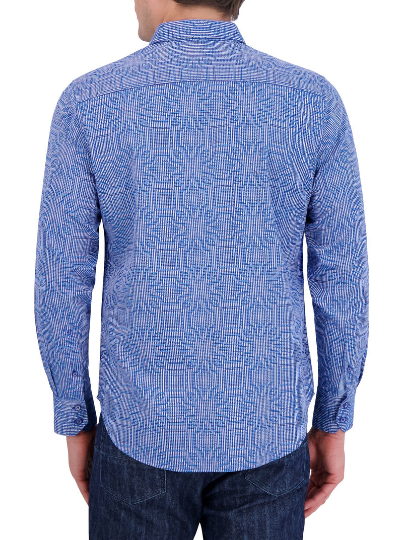 Man wearing long sleeve button up dress shirt with blue geometric pattern throughout