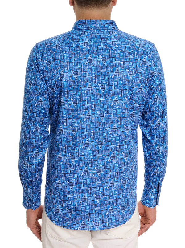 Man wearing long sleeve dress shirt with blue square pattern throughout