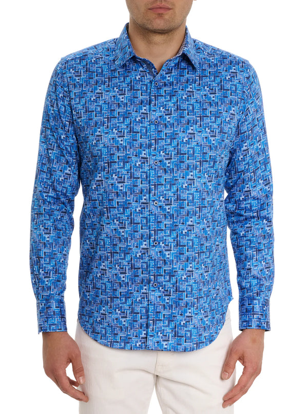 Man wearing long sleeve dress shirt with blue square pattern throughout 