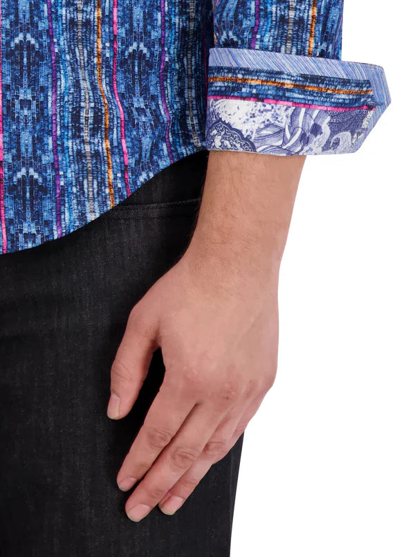Man wearing long sleeve Aztec inspired shirt
