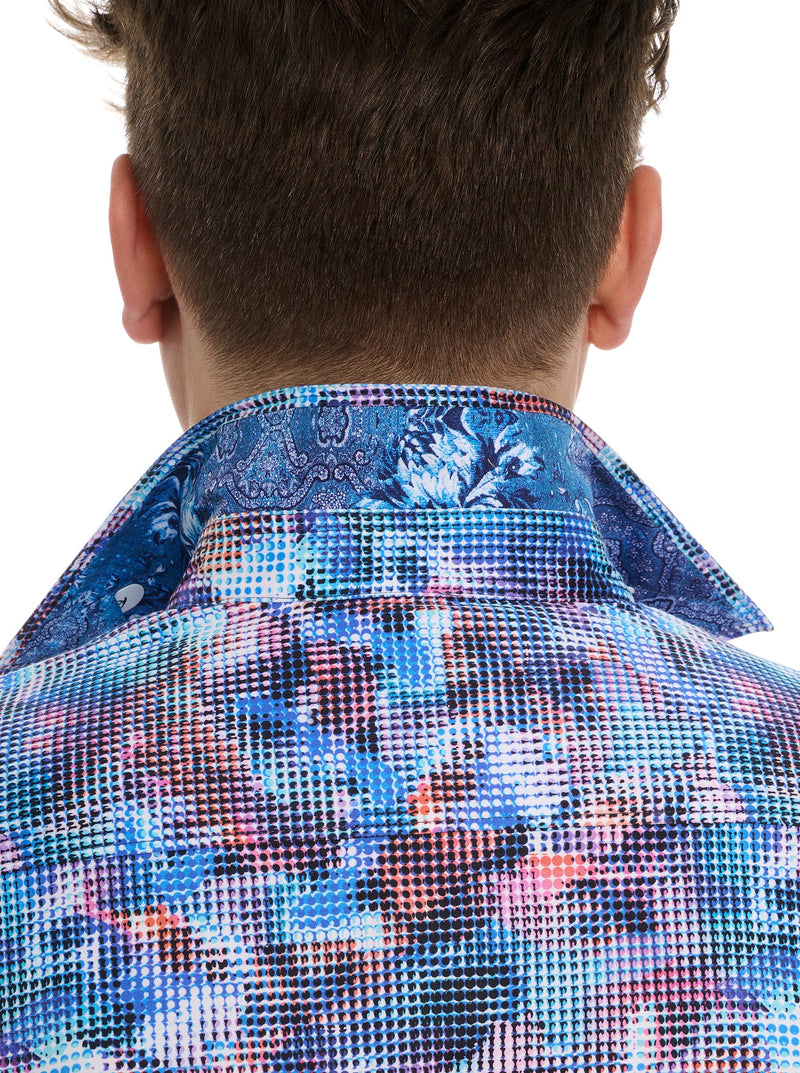 MAN WEARING BUTTON DOWN LONG SLEEVE SHIRT WITH MULTICOLOR DOTS ALL OVER