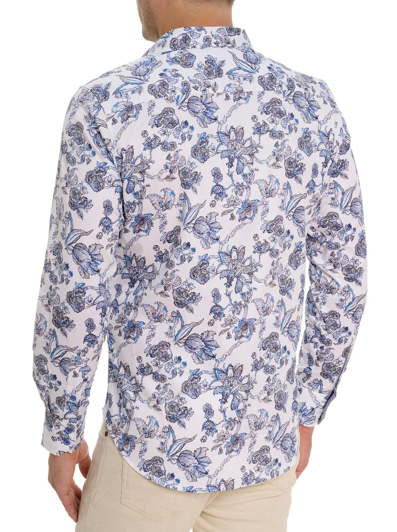 MAN WEARING LONG SLEEVE SHIRT WITH BLUE AND BLACK LINE WORK FLORAL PRINT WITH BUTTON FRONT