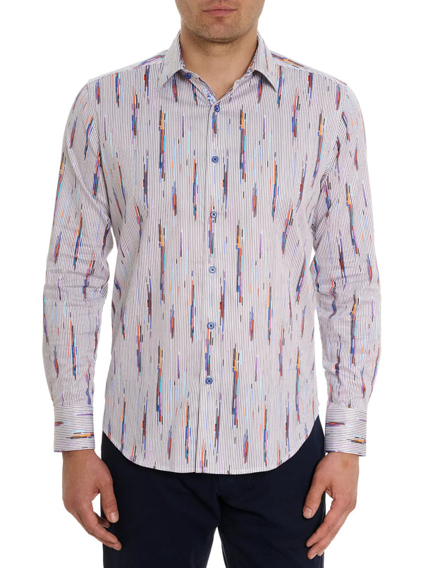 Man wearing button down long sleeve dress shirt with white background, thin stripes and multicolor streaks throughout 