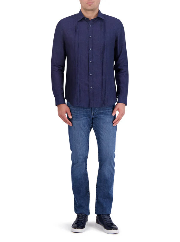 Man wearing navy blue button down long sleeve shirt