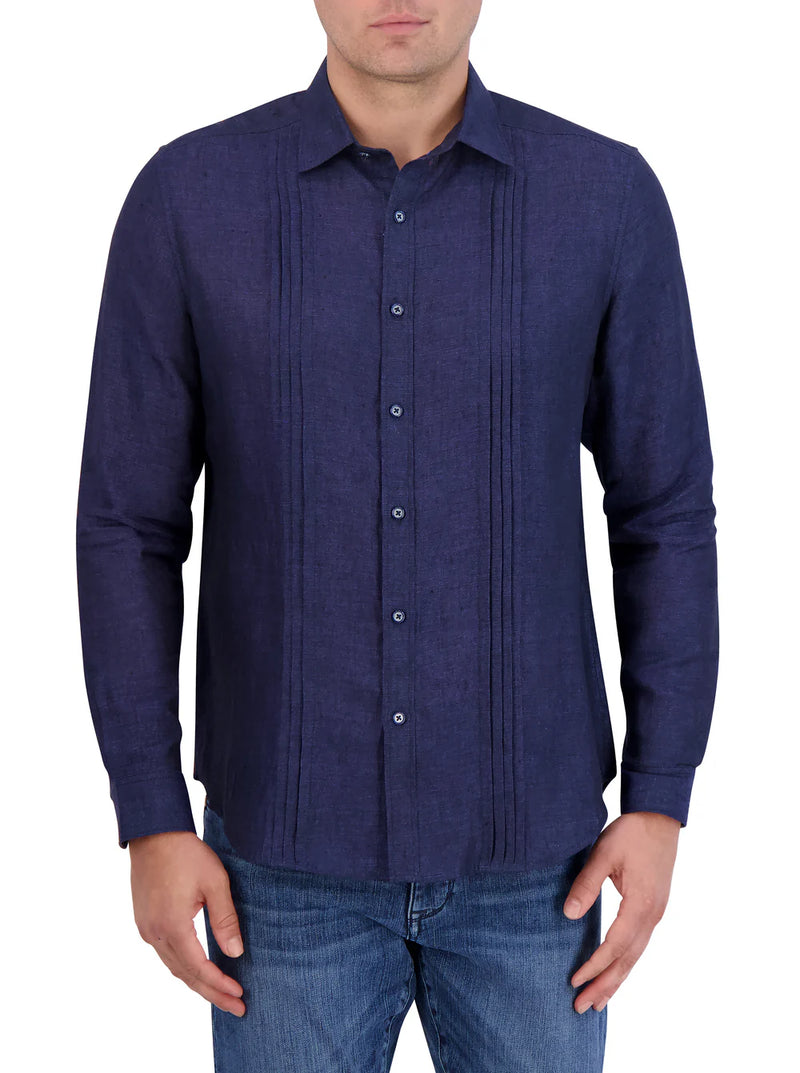 Man wearing navy blue button down long sleeve shirt