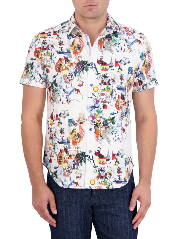 Man wearing short sleeve button up shirt with multicolor images representing areas of the world