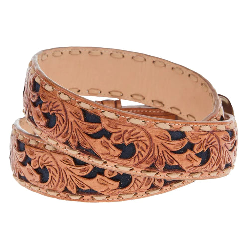 Men's belt with leather floral tooling and navy suede enlay
