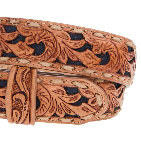 Men's belt with leather floral tooling and navy suede enlay