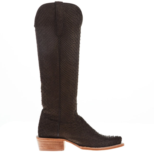 Women's R. Watson boots 17 In Chocolate Nubuck Python Top with square toe and pull tabs on the sides