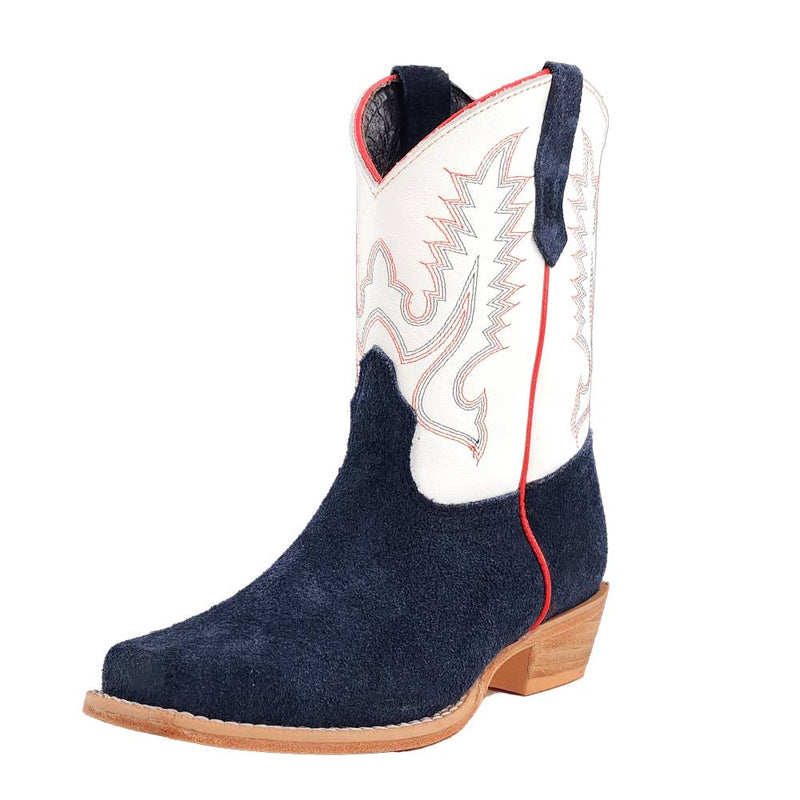 navy rough out  and winter white cowhide kids western boots.