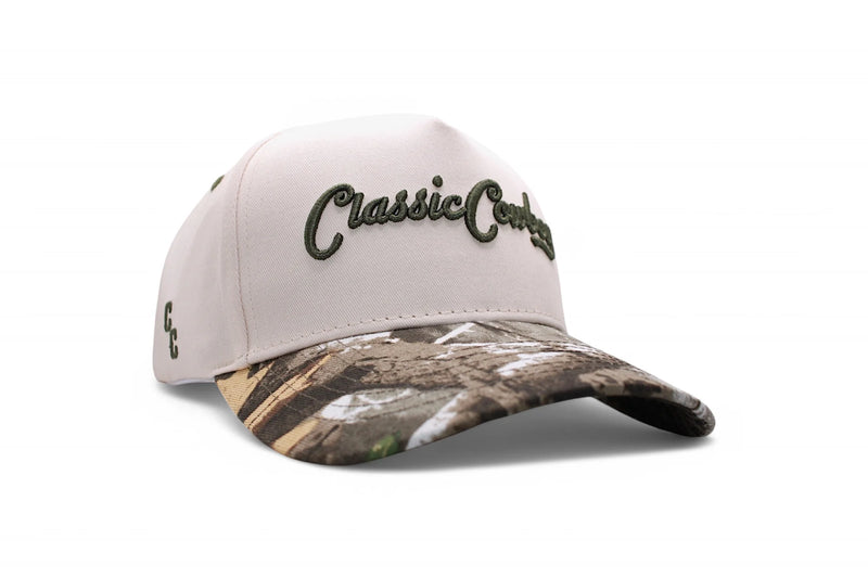 White cap with camouflage brim and 'Classic Country' logo on a white background