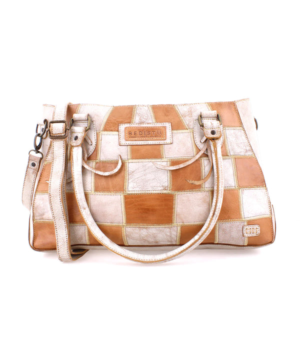 Brown and white checker print leather purse with handle and crossbody attachment 