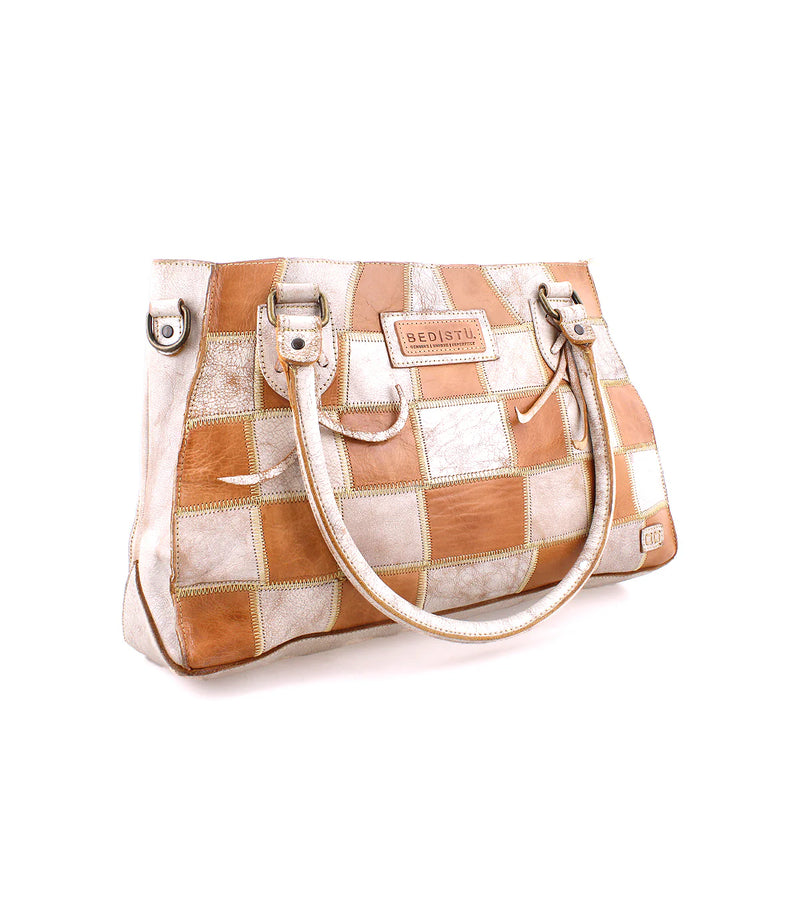 Brown and white checker print leather purse with handle and crossbody attachment
