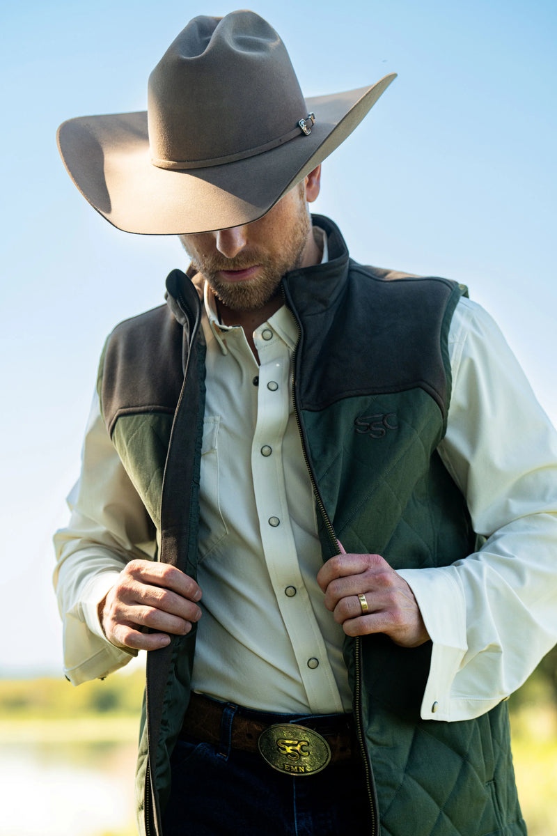 Stockyard Supply Co. "Rodeo King" Vest - Dark Olive / Chocolate