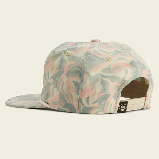 Snap back hat with palm leaves in a pink and green colorway with small Howler Brothers logo in the center and cream rope detail