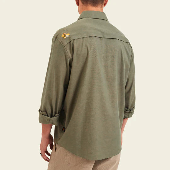 Olive color button shirt with double breast embroidered bird on front