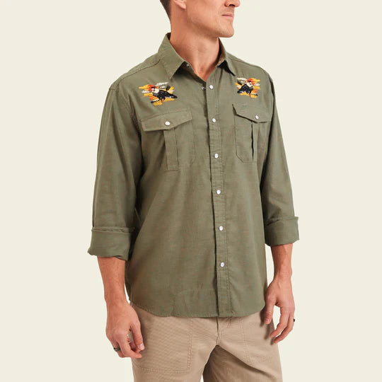 Olive color button shirt with double breast embroidered bird on front