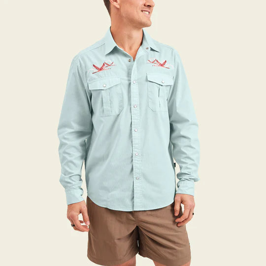 Blue long sleeve men's pearl snap shirt with double pearl snap breast pockets and embroidered pink flamingos near the shoulders