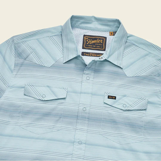 Men's long sleeve button up shirt with blue stripes and double button front breast pockets