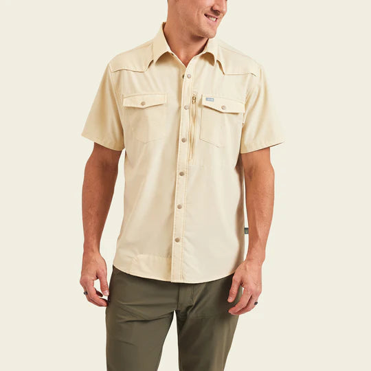 Short sleeve cream button front shirt with double breast pockets with button closures