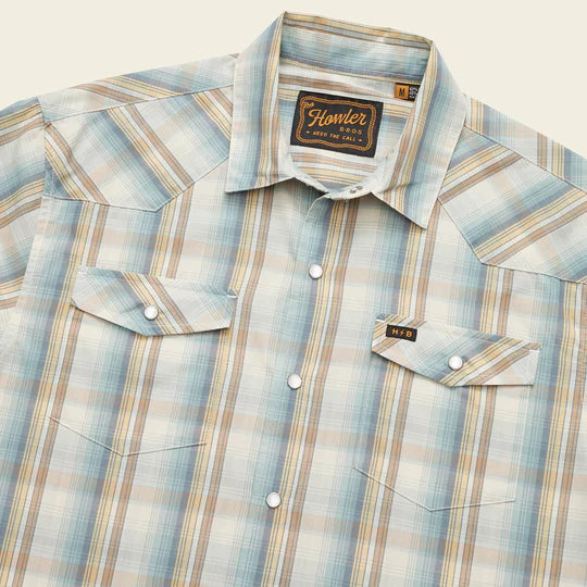 Short sleeve plaid shirt with pearl snap button front and double breast button closure pockets