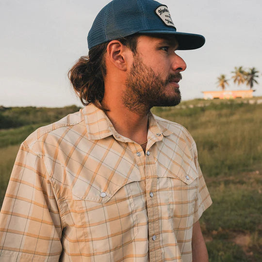 Short sleeve button up shirt with orange plaid and double breast vents