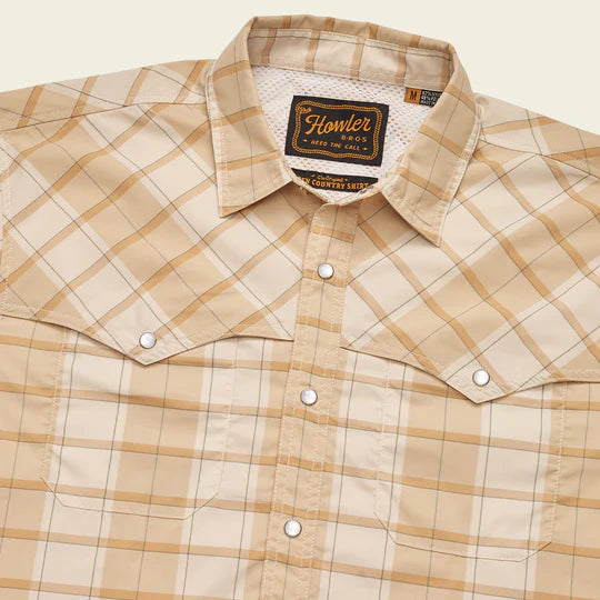 Short sleeve button up shirt with orange plaid and double breast vents