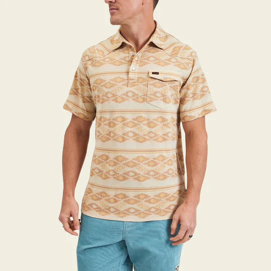 Tan polo shirt with darker tan and orange tribal pattern all over