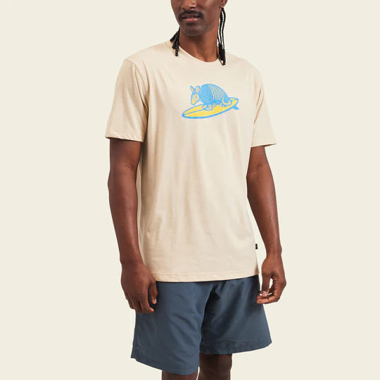 Cream t-shirt with image of armadillo riding surfboard
